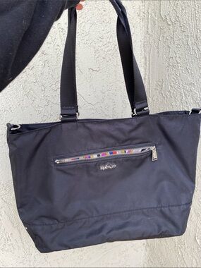 Kipling Black Nylon Tote with Multicolor Zip Accent
